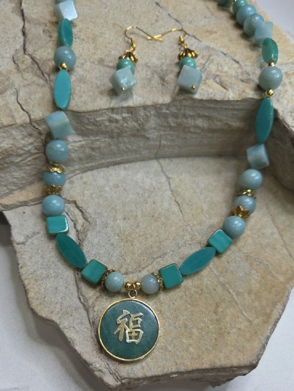 10K Solid Gold Aisan Jade Pendant On Amazonite & Glass Beads Necklace & Earring